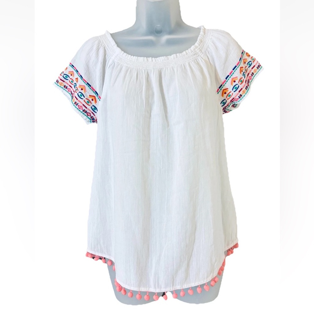 Beach Lunch Lounge Collection Womens S Embroidered White Cotton Top Pom Poms